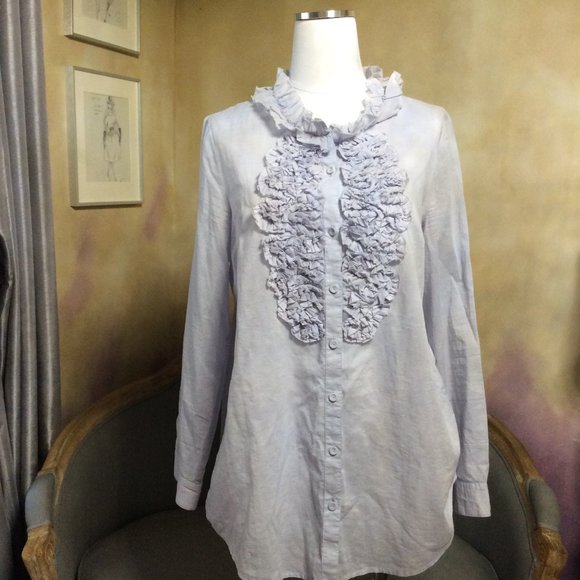 Pale blue ruffled blouse by Ann Taylor LOFT, size L - Picture 2 of 10